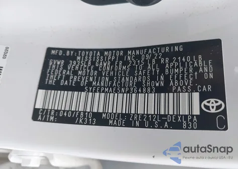 2022 Toyota Corolla Le from USA, damaged, VIN 5YFEPMAE5NP364883